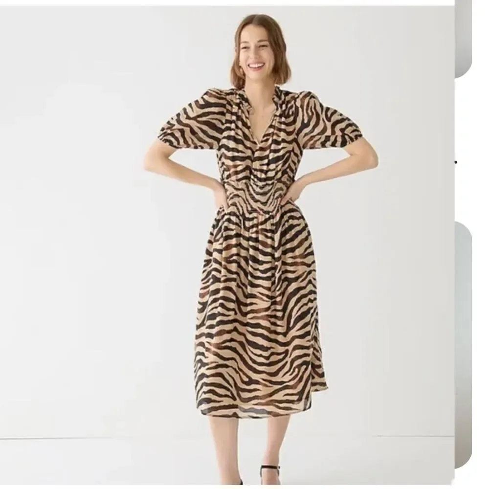 J. Crew Midi  Dress Women's Zebra Print Smocked Waist Short Sleeve Sz Small  NWT
